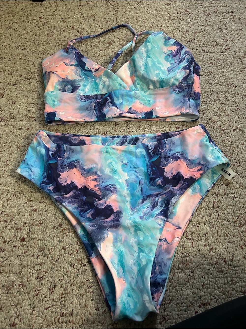 SHEIN Marble-Print Bikini Set - Aqua, Navy & Peach